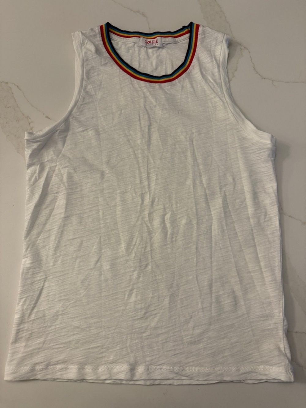 Goldie White Sleeveless Tank with Rainbow Neckline